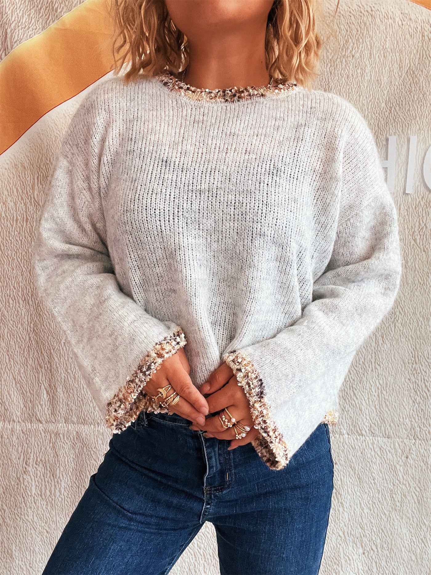 Lacework round Neck Knitted Pullover Casual Office Vintage Women Wear Sweater