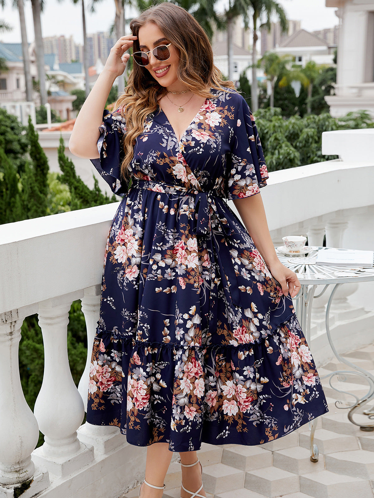 Plus Size Summer V neck Dark Blue Printed Dress