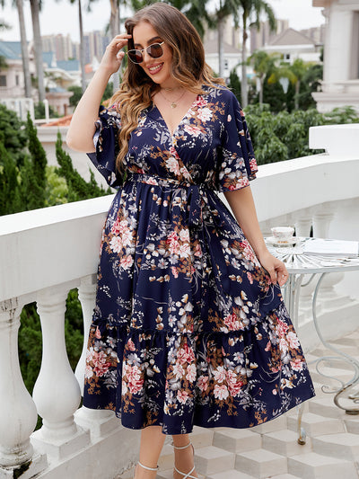 Plus Size Summer V neck Dark Blue Printed Dress