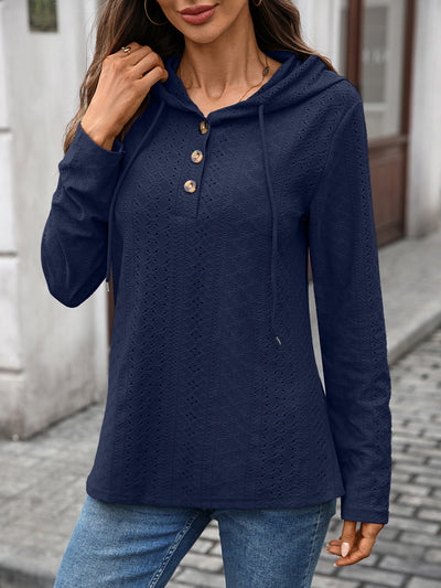 Autumn Winter Solid Color Buttons Hooded Loose Long Sleeves Sweater Top Women