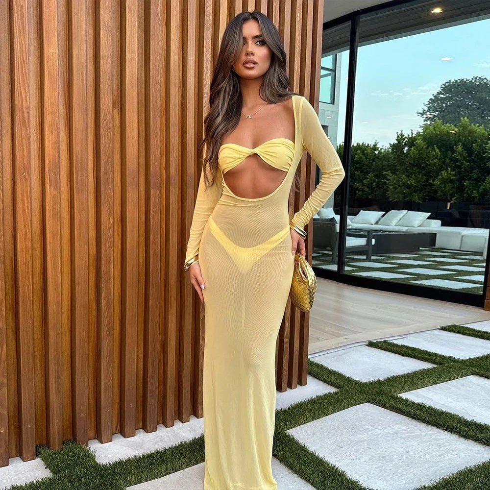 Bikini Three Piece Sets Tube Top Sexy Mesh Solid Color Split Swimsuit Women Dress Long Sleeve