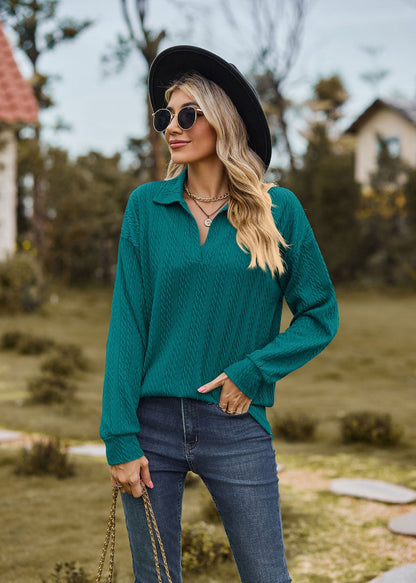 Autumn Winter Solid Color Polo Collar Loose Long Sleeve Sweatershirt Coat Women Jacket