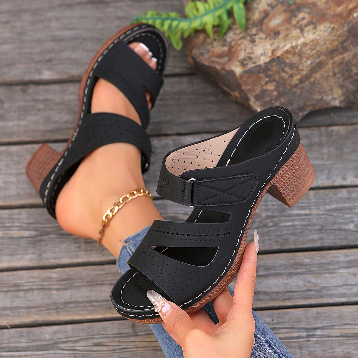Hollow Out Cutout out Wedge Slippers Women Stitching Velcro Beach Slippers