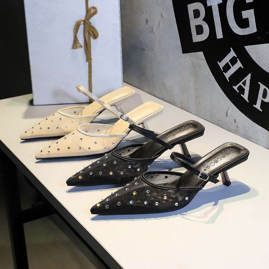 French Mesh Lace Pointed Toe Stiletto Toe Box Rhinestone Slippers Outer Wear Hollow Out Cutout Sexy Strap Half Slippers
