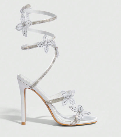 11cm Stiletto Heel White Pink Square Head Women Summer High Heel Sandals Women Rhinestone Floral Heels