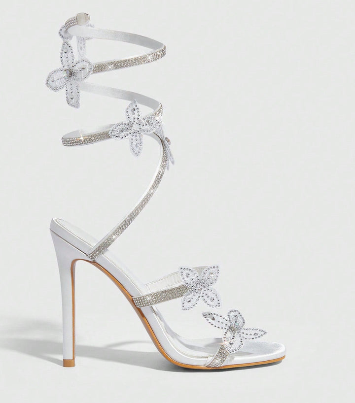 11cm Stiletto Heel White Pink Square Head Women Summer High Heel Sandals Women Rhinestone Floral Heels - GLAMWEARS