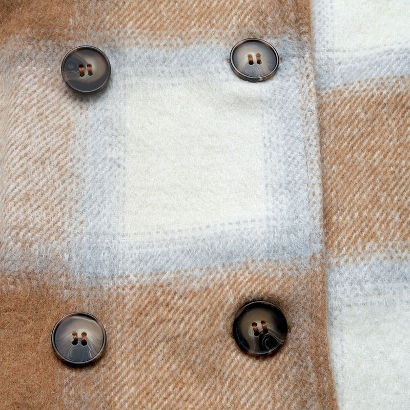 Autumn Winter Casual Retro Mid Length Double Breasted Collar Brushed Plaid Coat