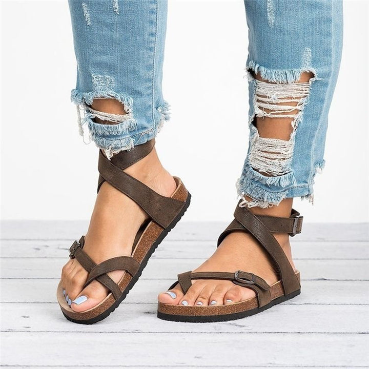 Summer plus Size Sandals Cork Sole Roman Toe Covering Belt Buckle Strip Winding Sandals Women - GLAMWEARS