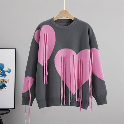 Love Tassel Autumn Winter Sweater Fashionable Knitted round Neck Stitching round Neck Pullover Top Knitting