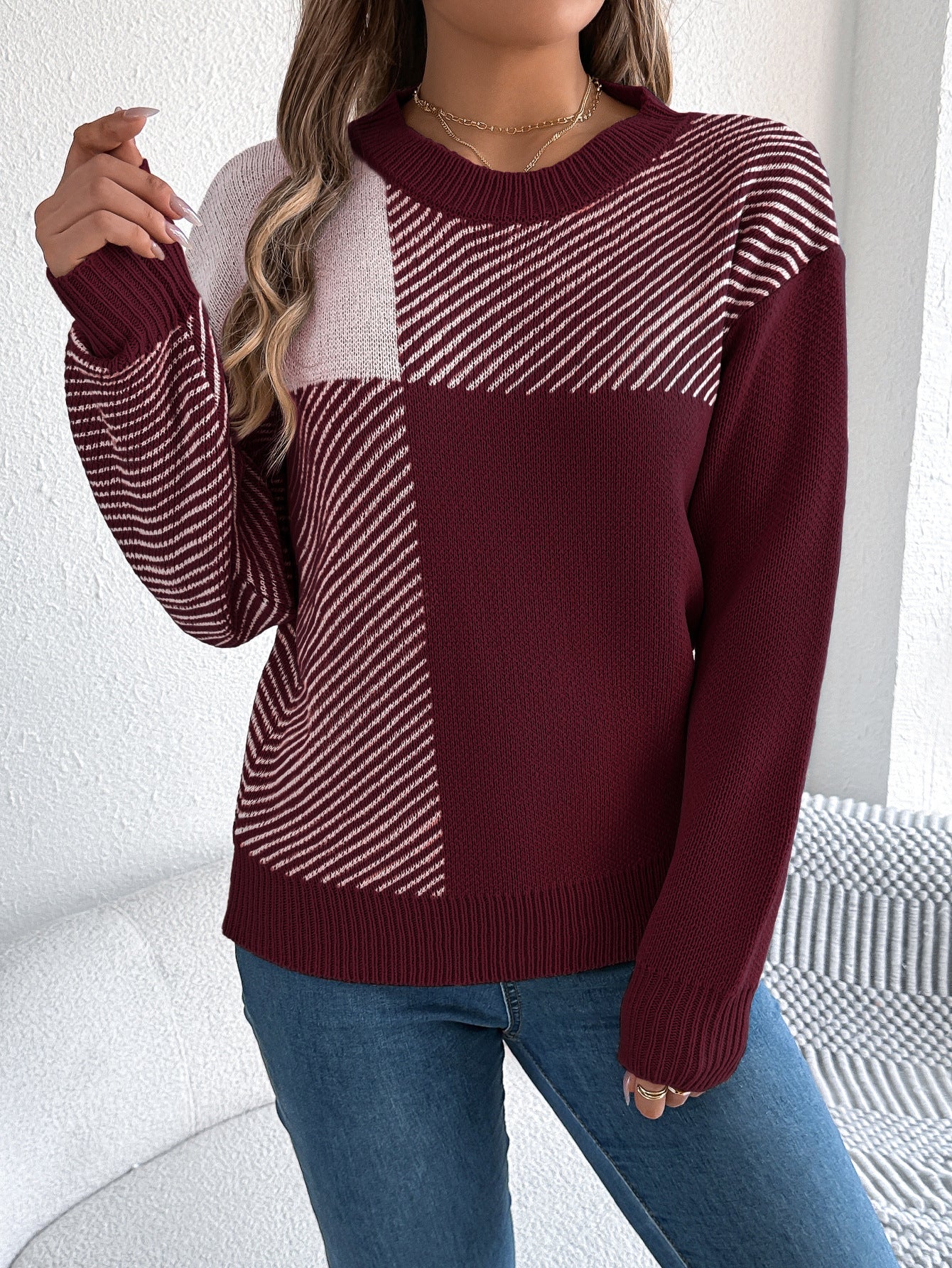 Autumn Winter Casual Color Contrast Check Long Sleeve Pullover Women Clothing