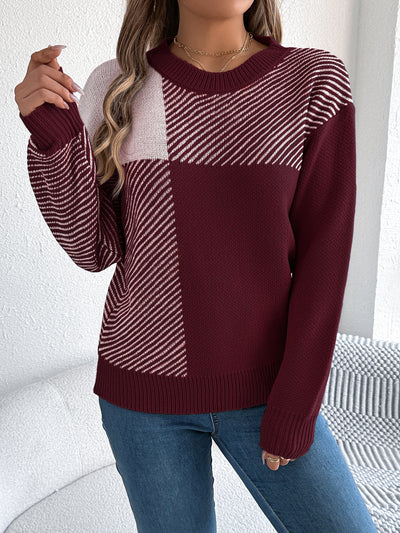 Autumn Winter Casual Color Contrast Check Long Sleeve Pullover Women Clothing