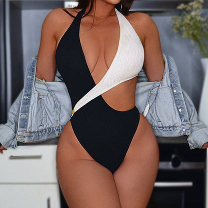 Bikini White Black Contrast Color Hollow Out Cutout Strap One Piece Swimsuit