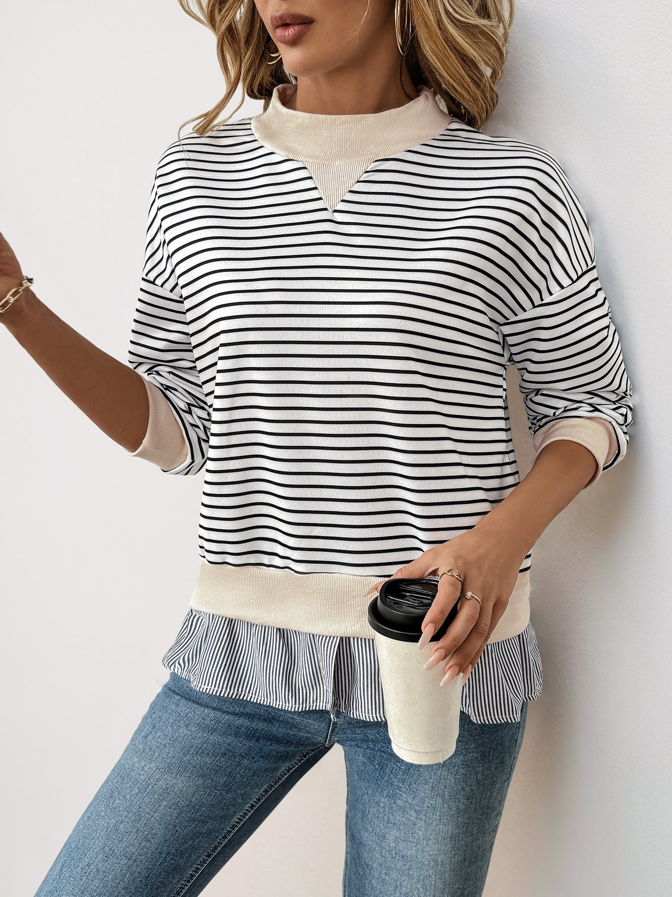 Casual Date Office Half Turtleneck Loose Striped Faux Two Pieces Sweater Women