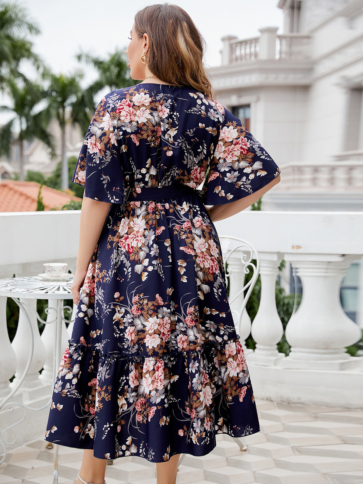 Plus Size Summer V neck Dark Blue Printed Dress