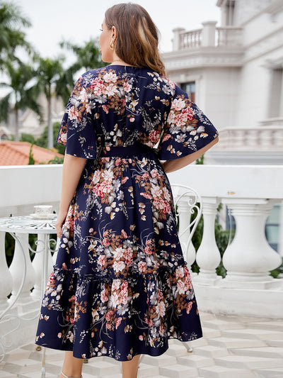 Plus Size Summer V neck Dark Blue Printed Dress