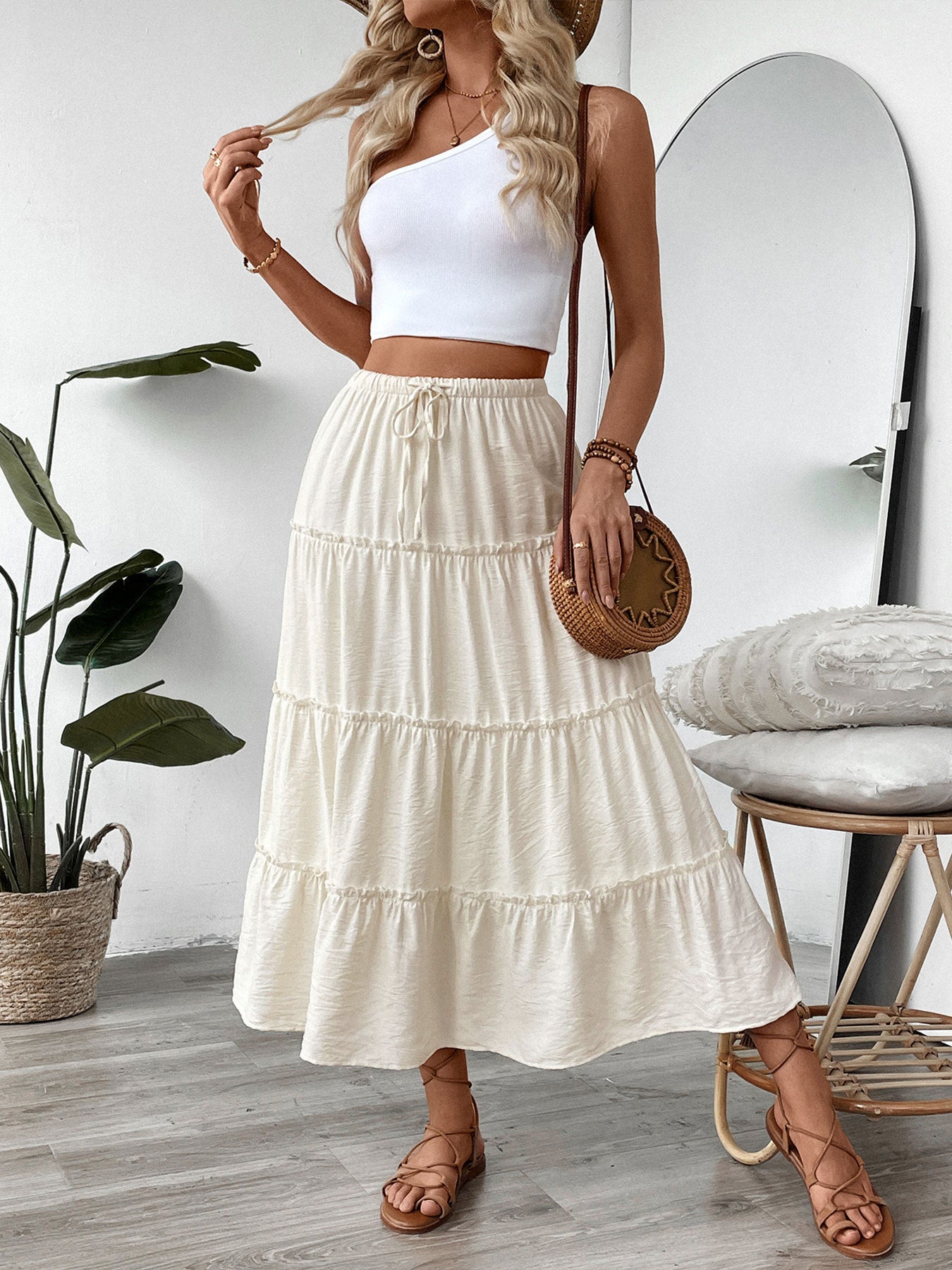 Summer White Stitching Skirt Women Simple Elastic Waist A line Umbrella Maxi Skirt
