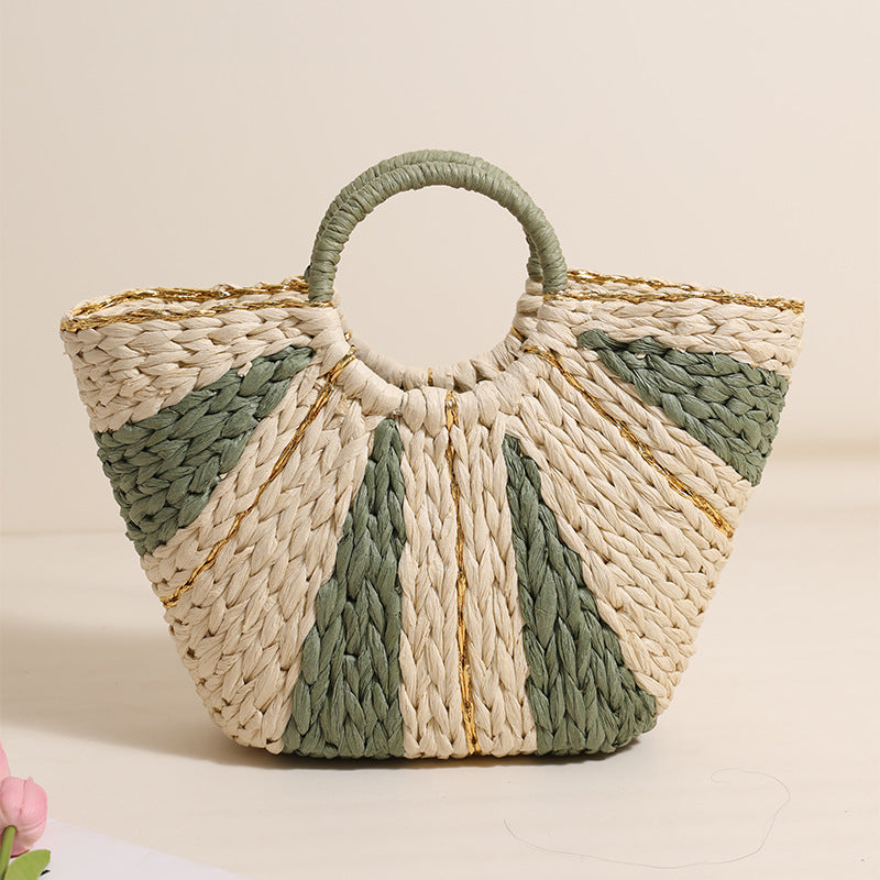 Pastoral Large Capacity Portable Straw-Weaved Bag Contrast Color Hand Carrying Straw Bag Woven Bag Vacation Beach Bag Vegetable Basket - GLAMWEARS