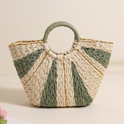 Pastoral Large Capacity Portable Straw-Weaved Bag Contrast Color Hand Carrying Straw Bag Woven Bag Vacation Beach Bag Vegetable Basket