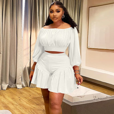 plus Size Women Clothing Pleated off Neck Fluffy Waist Trimming Casual Two Piece Sets