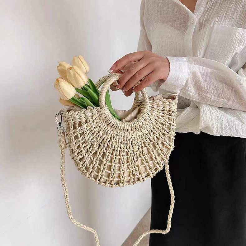 Simple Semicircle Hollow Out Cutout Straw Bag Crossbody Straw Bag Woven Bag Vacation Beach Bag Women Bag - GLAMWEARS