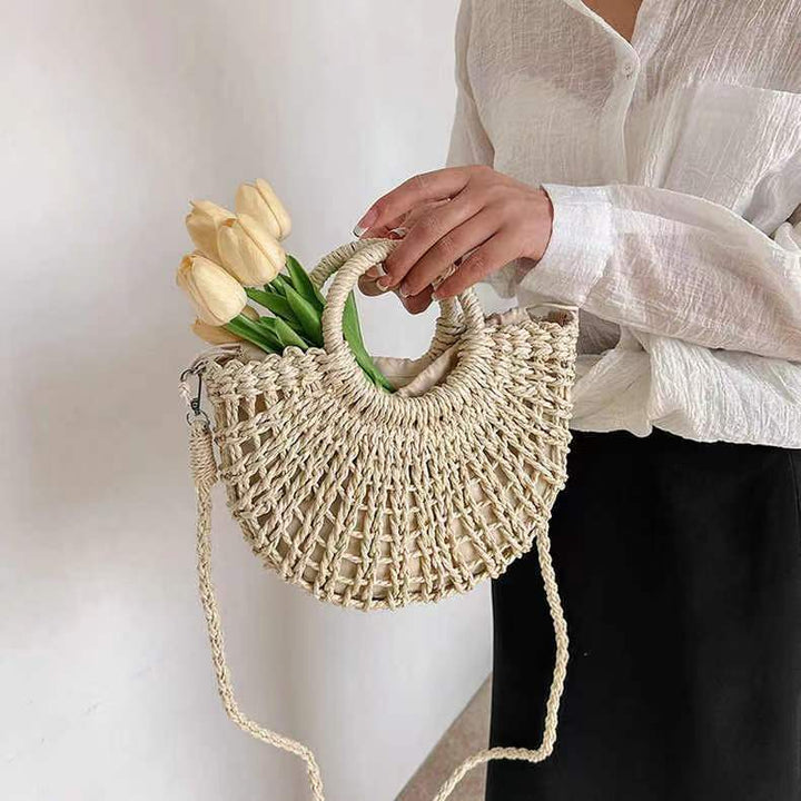 Simple Semicircle Hollow Out Cutout Straw Bag Crossbody Straw Bag Woven Bag Vacation Beach Bag Women Bag - GLAMWEARS