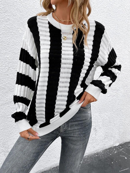 Spring Loose Sweater Women Striped Hollow Out Cutout out Long Sleeved Sweater