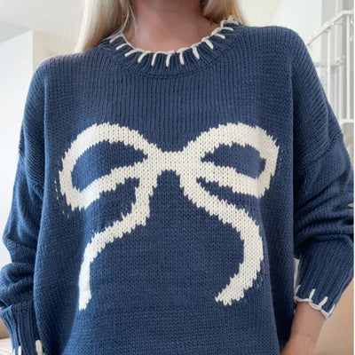 Lazy Wind Pullover Knitted Top Bow Jacquard Loose Fitting Outerwear Sweater Women