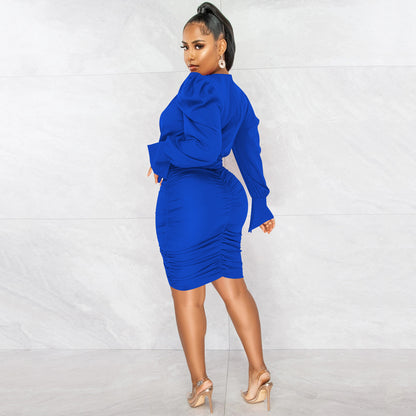 Casual Solid Color Long Sleeve Pleated V-neck Dress for Women