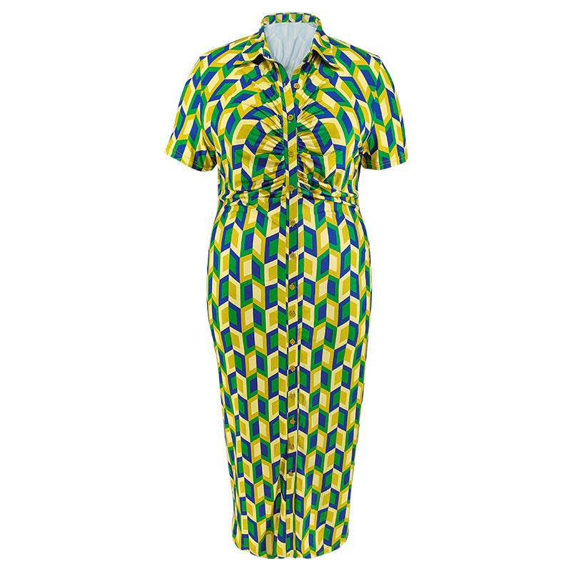 Plus Size Women Button Cardigan Collared Plaid Short Sleeve Long Pattern Dress