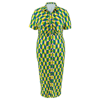 Plus Size Women Button Cardigan Collared Plaid Short Sleeve Long Pattern Dress