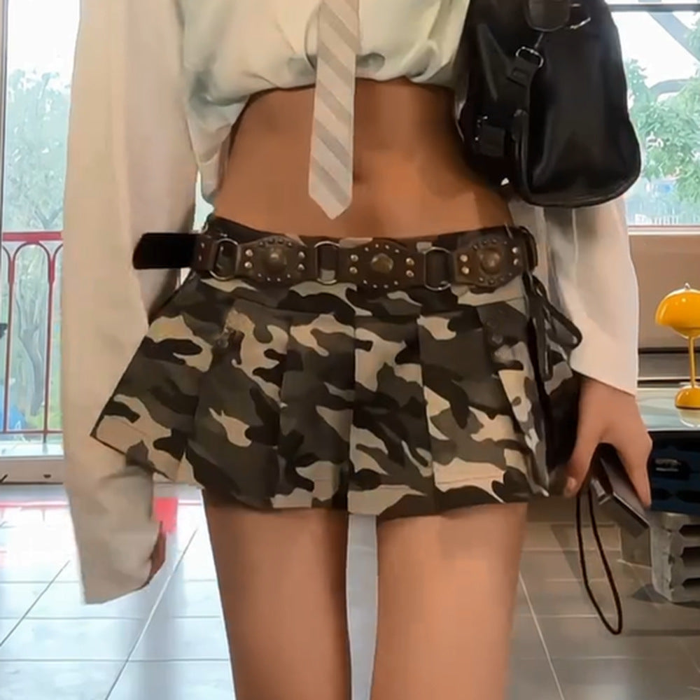 Sexy Camouflage Trendy Pleated Skirt Women Clothing Lace up Zipper Low Waist Skirt Women