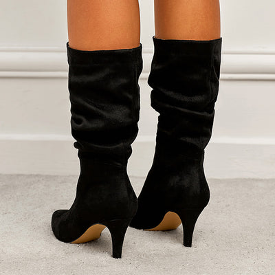 Spring Catwalk Wrinkled Surface Slip on Suede Stiletto Heel Women High Heel Boots