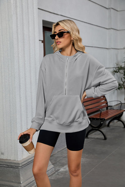Spring Summer Hooded Loose Long Sleeves Zipper Pocket Sweatshirt Jacket Women