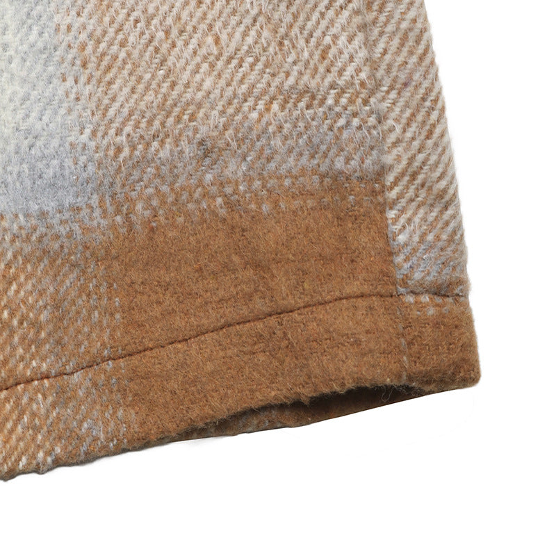 Autumn Winter Casual Retro Mid Length Double Breasted Collar Brushed Plaid Coat