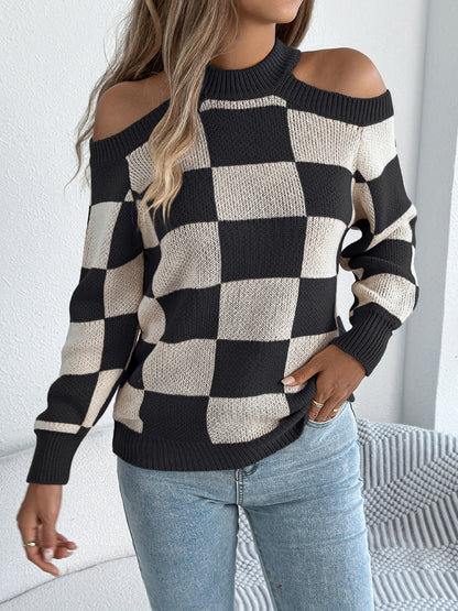 Autumn Winter Casual off the Shoulder Contrast Color Plaid Lantern Long Sleeve Sweater Women Clothing