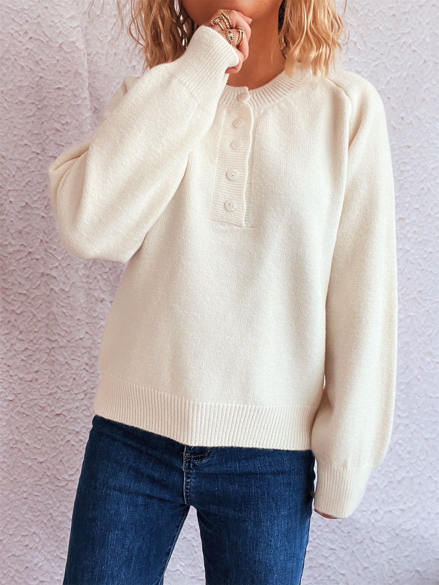 Solid Color Buttons Casual Retro Knitted Top round Neck Long Sleeve Warm Sweater