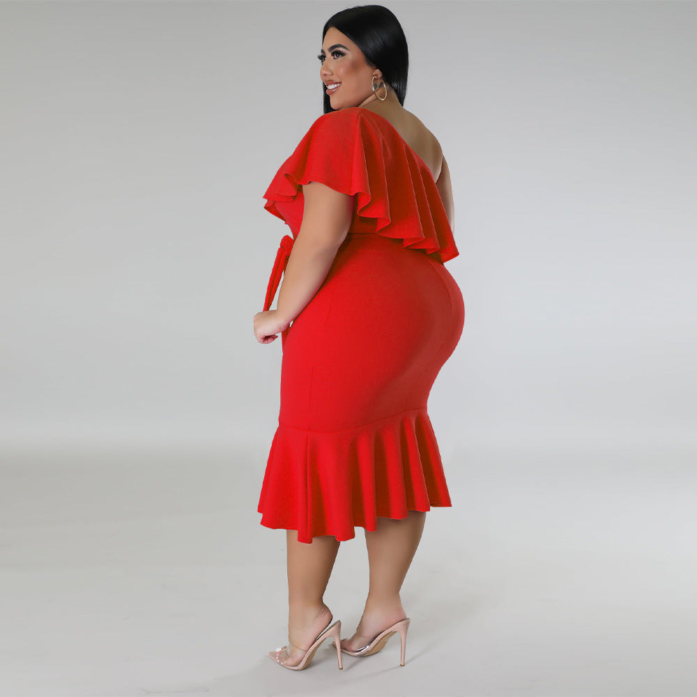 Plus Size Women Clothing Slim Casual Ruffled Tube Top Midi Dress