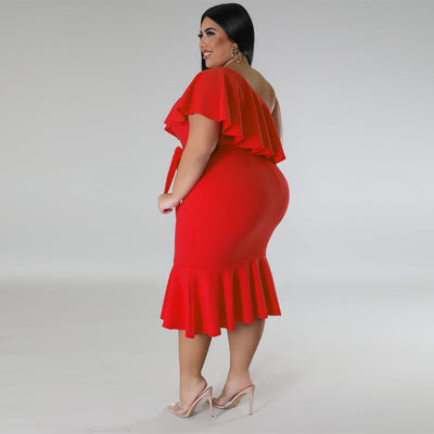 Plus Size Women Clothing Slim Casual Ruffled Tube Top Midi Dress