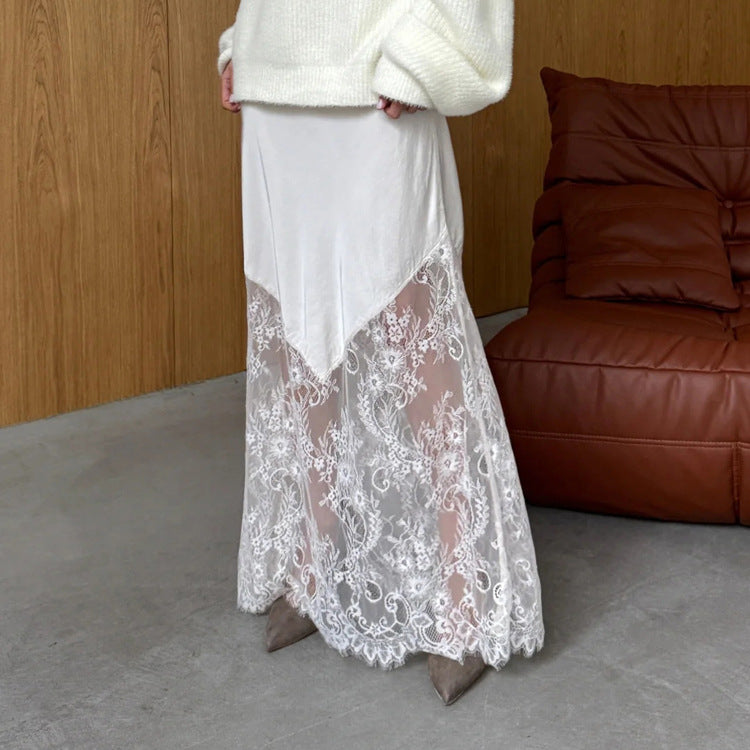 Design Lace Stitching See through Skirt Women Spring Autumn Office Hip Skirt