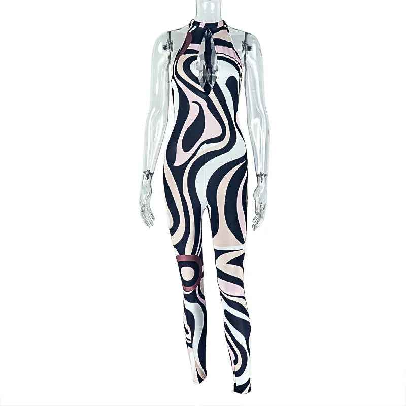 Personality Women Sleeveless Zebra Pattern Jumpsuit - Hollow Out Cutout Slim Fit Sheath Long Jumpsuit