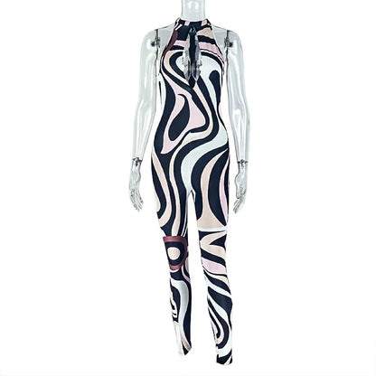 Multi Personality Women Printed Wear Hollow Out Cutout out Slim Fit Sheath Jumpsuit Sleeveless Zebra Pattern Long Jumpsuit