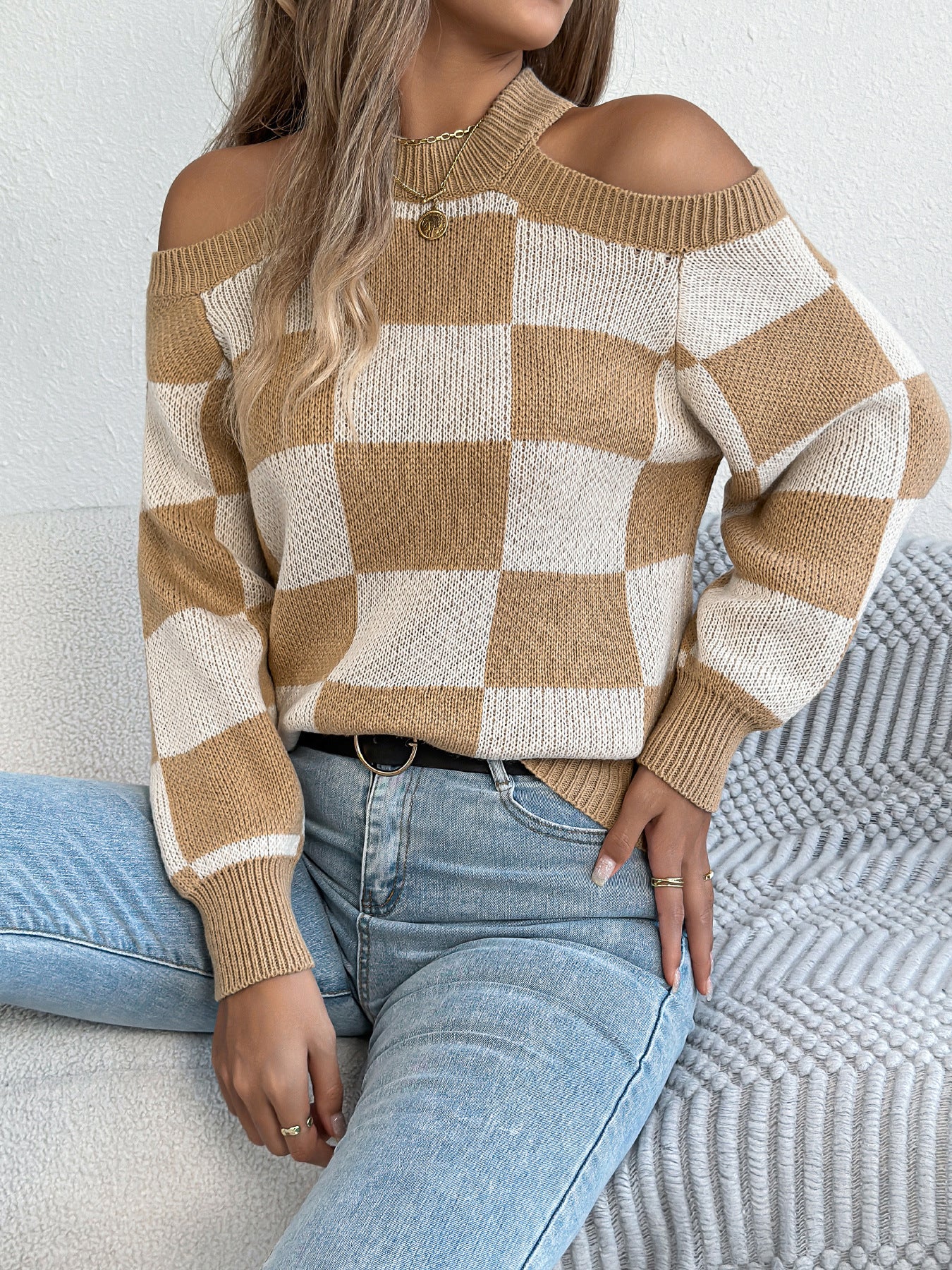 Autumn Winter Casual off the Shoulder Contrast Color Plaid Lantern Long Sleeve Sweater Women Clothing