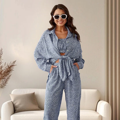 Autumn Blue Color Leopard Print Pajamas Tube Top Cardigan Long Sleeve Pants Women Homewear