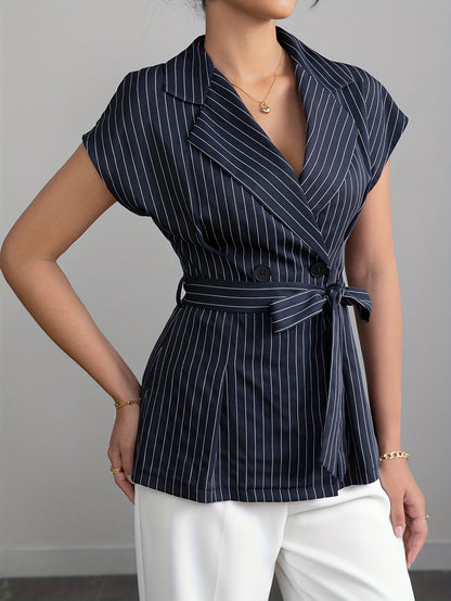 Elegant Collared Cardigan Short Sleeve Blazer Double Row Button Lace up Waist Controlled Design Shirt Women