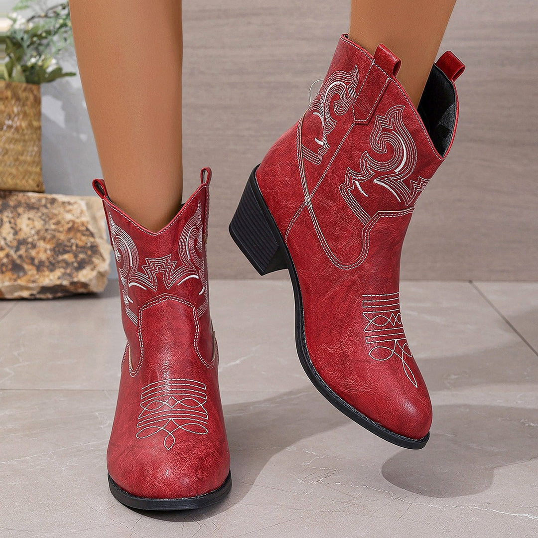 Pointed Embroidered Solid Color Chunky Heel Leather Boots Women Short Solid Color Slip on Knight Martin Boots - GLAMWEARS