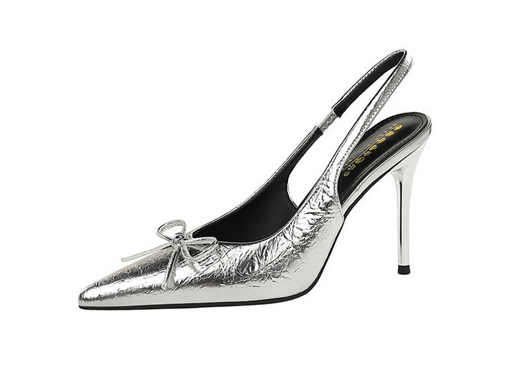 Cocktail Closed Toe Back Empty Low Cut Pointed Toe Stilettos Pumps Women Bow Back Strap High Heel Women Shoes