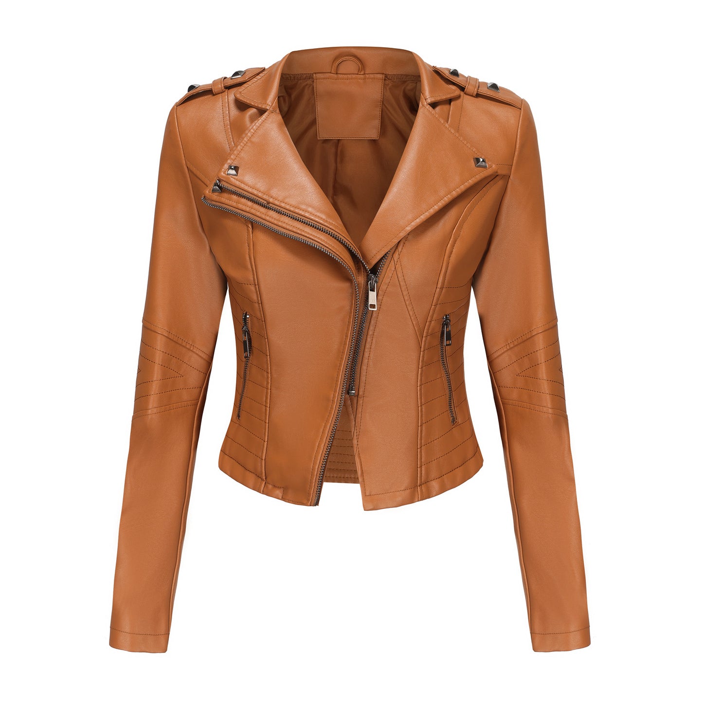 Slim Fit Long Sleeved Spring Autumn Leather Jacket Women Rivet Popular Short Jacket Zipper Leather Jacket