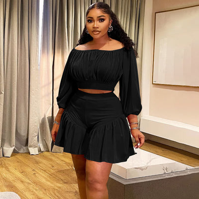 plus Size Women Clothing Pleated off Neck Fluffy Waist Trimming Casual Two Piece Sets