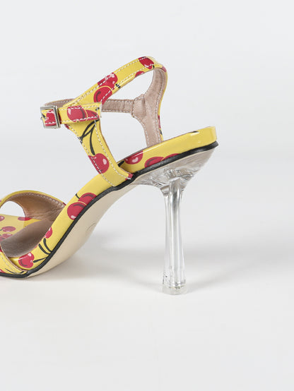 Printed Buckle Strap Open Toe Chunky Heel Transparent Stiletto Heel Women Sandals