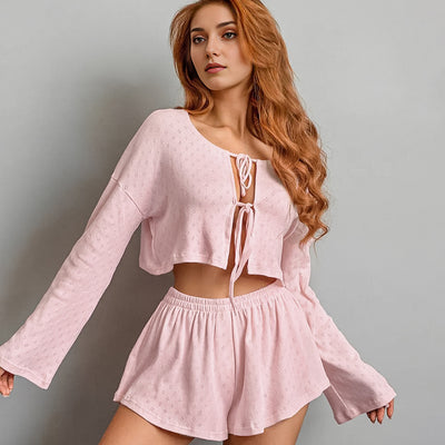 Loose Lace up Knitted Jacquard Home Wear Autumn Long Sleeve Shorts Comfort Casual Pajamas for Women